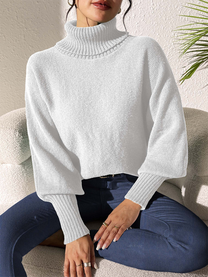 Solid color simple bat sleeve top high collar lapel sweater