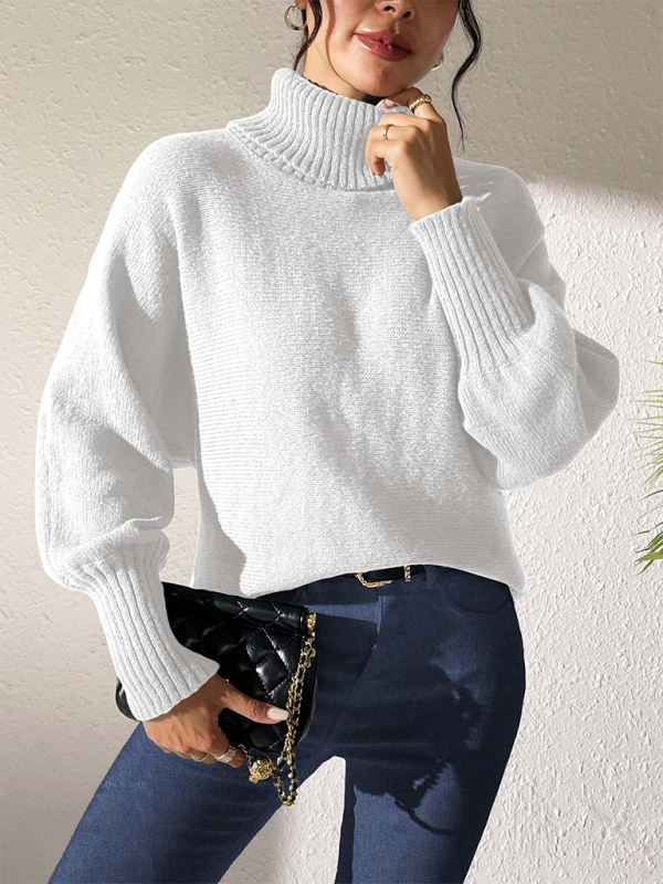 Solid color simple bat sleeve top high collar lapel sweater