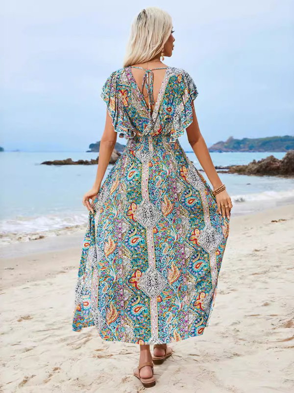 V-neck open back rayon printed ruffled short sleeve slit dress