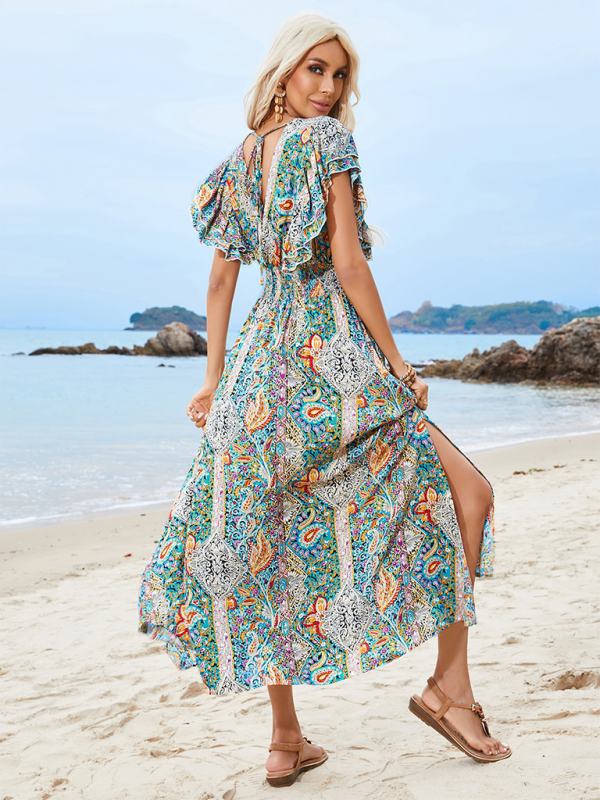 V-neck open back rayon printed ruffled short sleeve slit dress