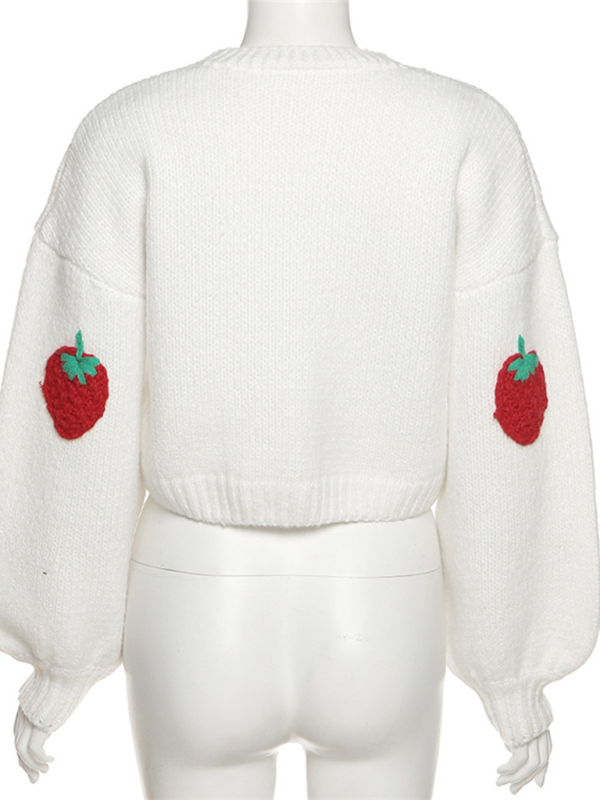 Fashion Design Single Breasted V-Neck Knitted Cardigan Strawberry Long Sleeve Sweater