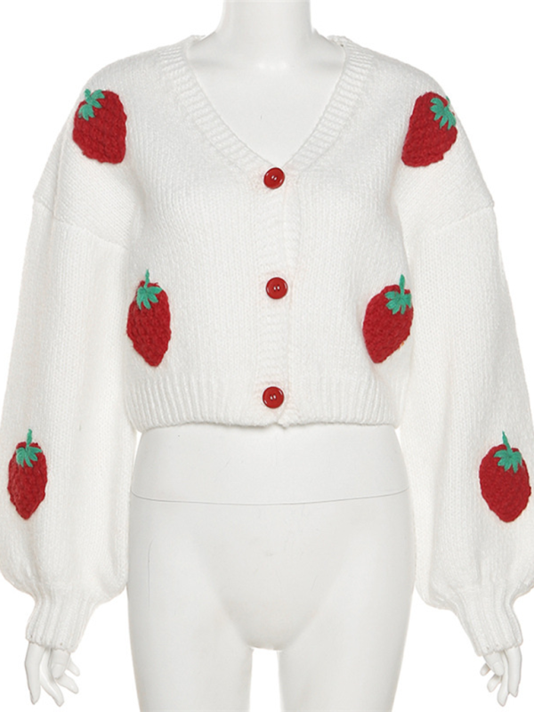 Fashion Design Single Breasted V-Neck Knitted Cardigan Strawberry Long Sleeve Sweater