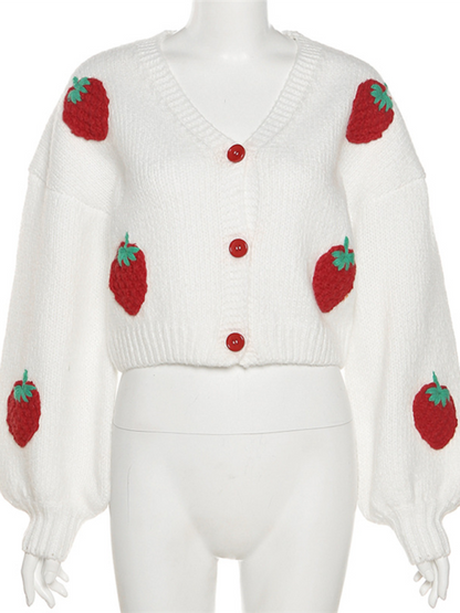 Fashion Design Single Breasted V-Neck Knitted Cardigan Strawberry Long Sleeve Sweater