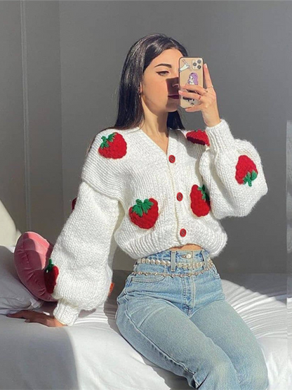 Fashion Design Single Breasted V-Neck Knitted Cardigan Strawberry Long Sleeve Sweater