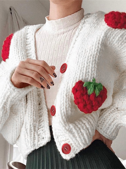 Fashion Design Single Breasted V-Neck Knitted Cardigan Strawberry Long Sleeve Sweater