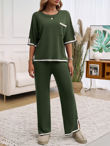 Contrast color short-sleeved trousers and sweater set