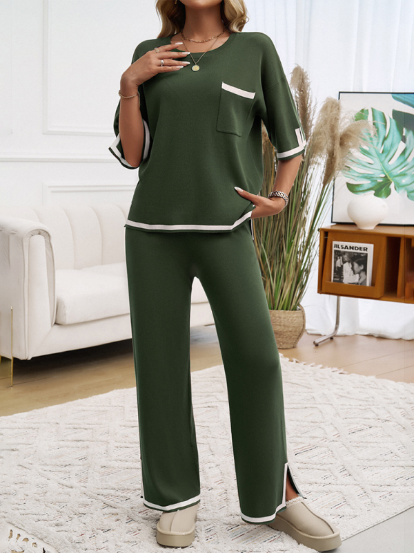 Contrast color short-sleeved trousers and sweater set