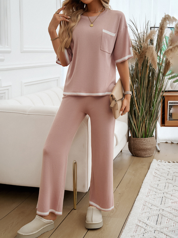 Contrast color short-sleeved trousers and sweater set