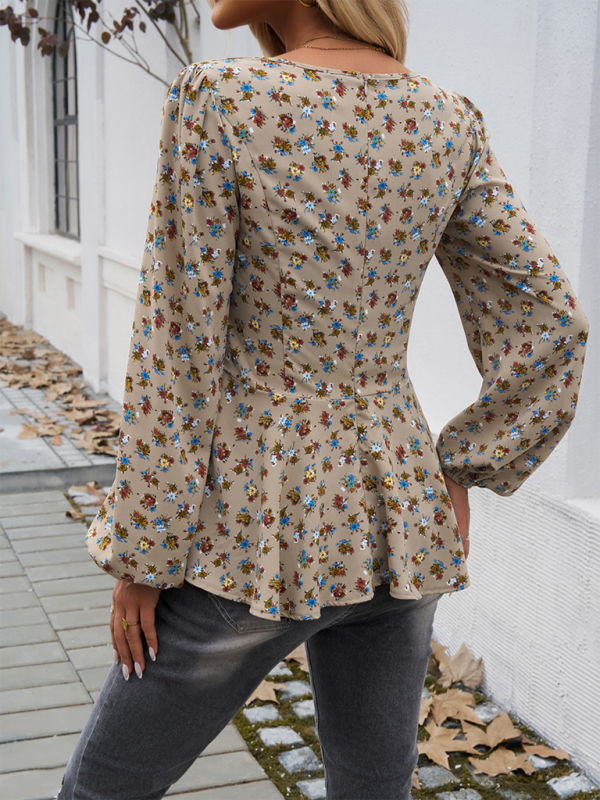 Elegantes Langarm-Top mit Puffärmeln im Waldstil mit Blumenmuster 