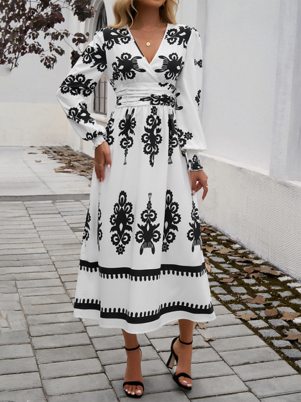 Contrast color print elegant v-neck long sleeve dress