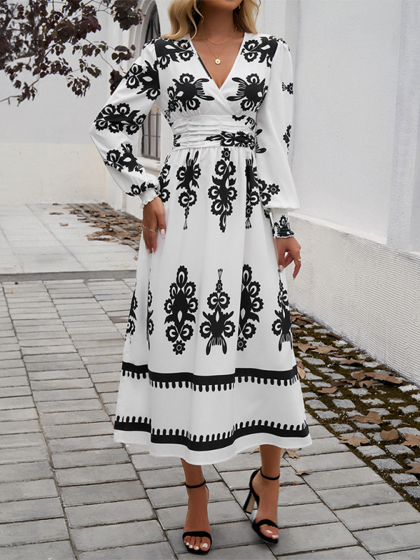 Contrast color print elegant v-neck long sleeve dress