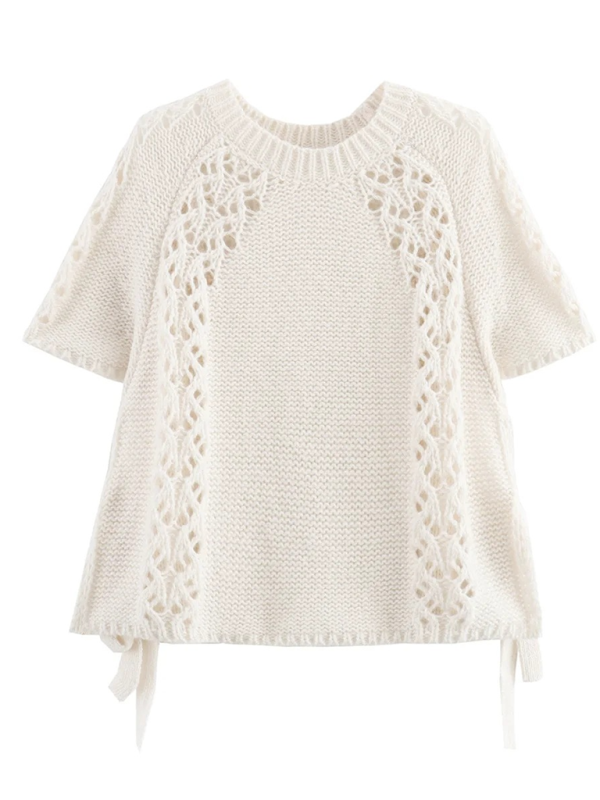 Openwork drawstring knit short-sleeved top