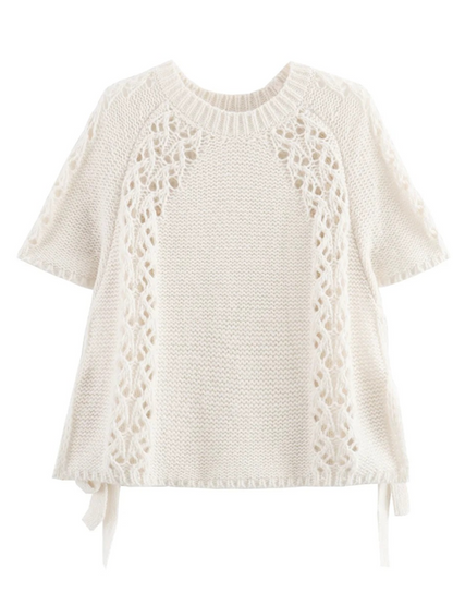 Openwork drawstring knit short-sleeved top