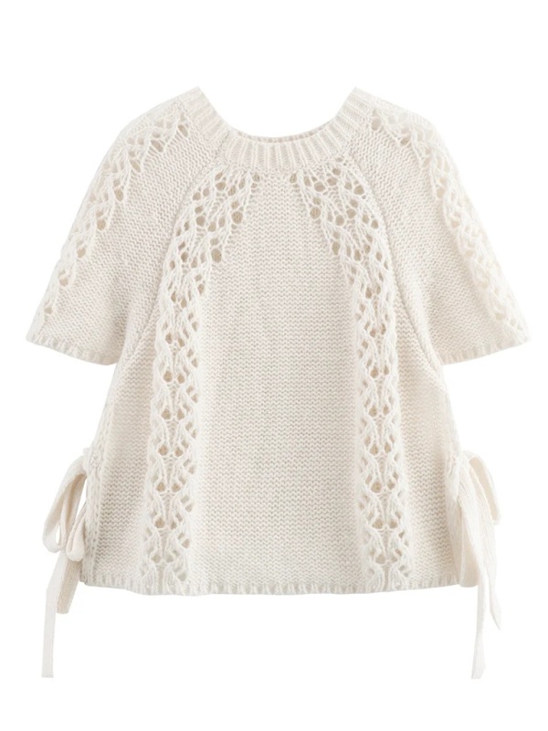 Openwork drawstring knit short-sleeved top