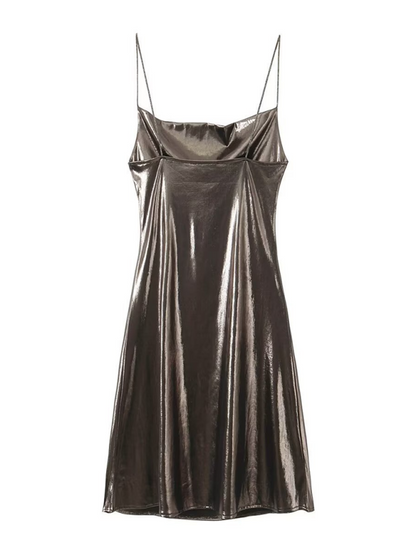 Low-cut backless metallic suspender dress