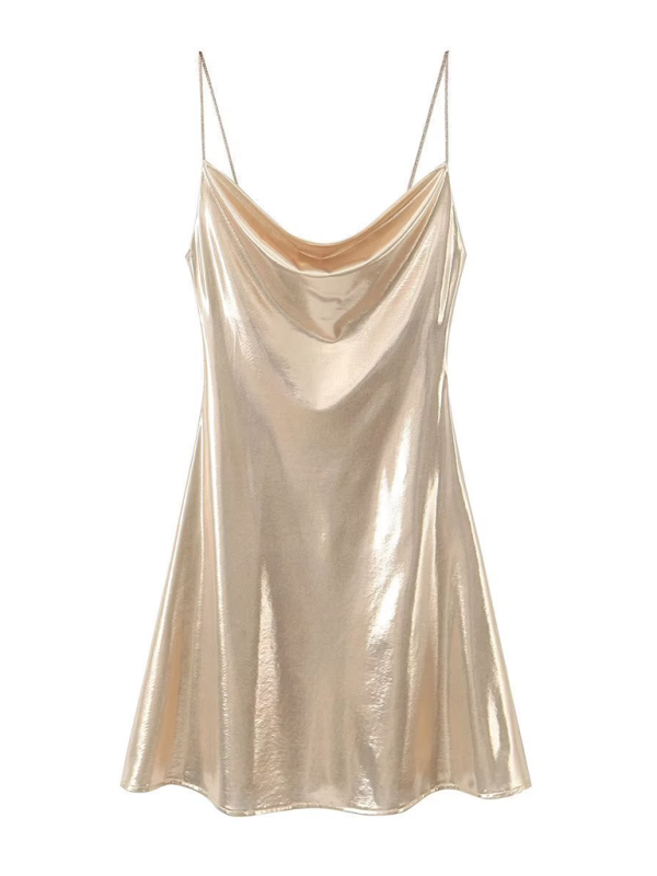 Low-cut backless metallic suspender dress