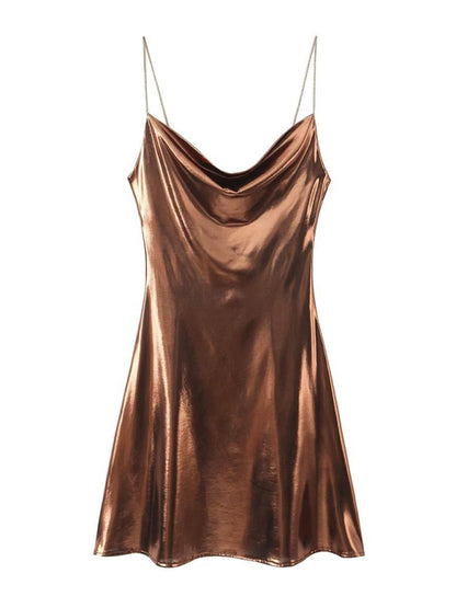 Low-cut backless metallic suspender dress