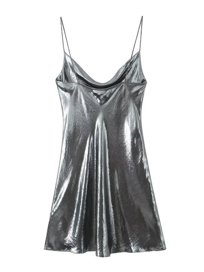 Low-cut backless metallic suspender dress