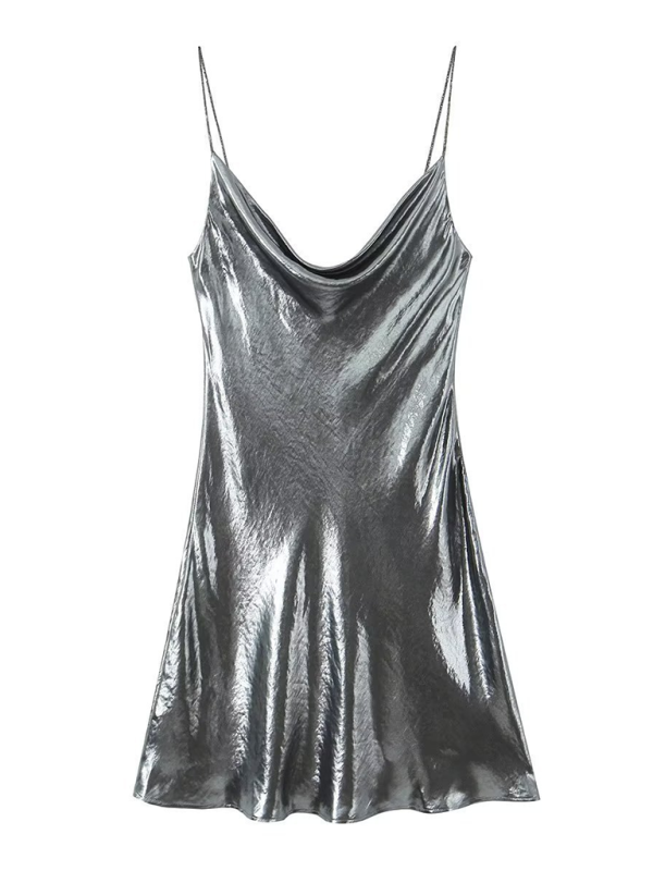 Low-cut backless metallic suspender dress