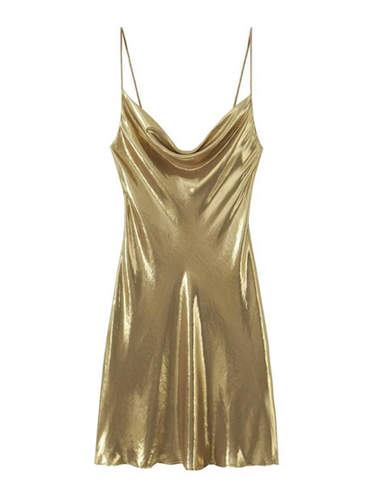 Low-cut backless metallic suspender dress