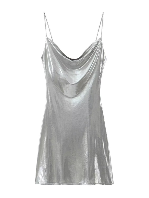 Low-cut backless metallic suspender dress