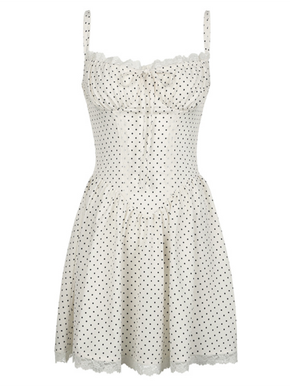 Polka dot contrast color chest tie waist A-line suspender dress