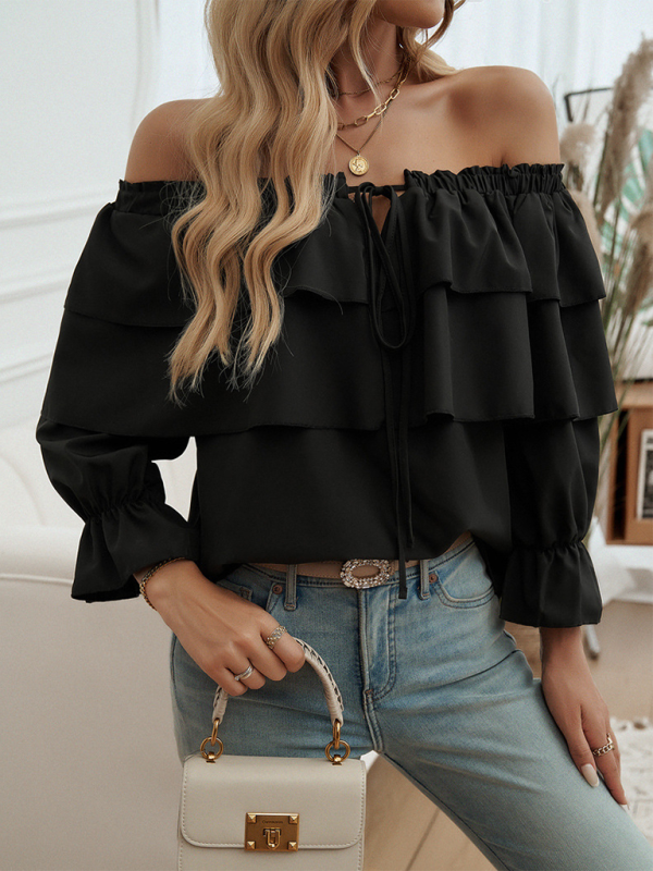 Locker sitzendes, plissiertes Off-Shoulder-Top mit Ballonärmeln 