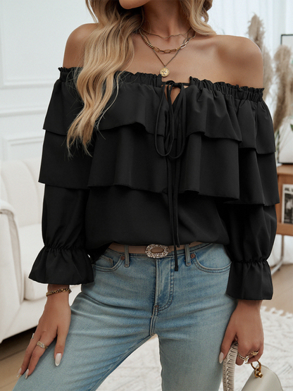 Locker sitzendes, plissiertes Off-Shoulder-Top mit Ballonärmeln 