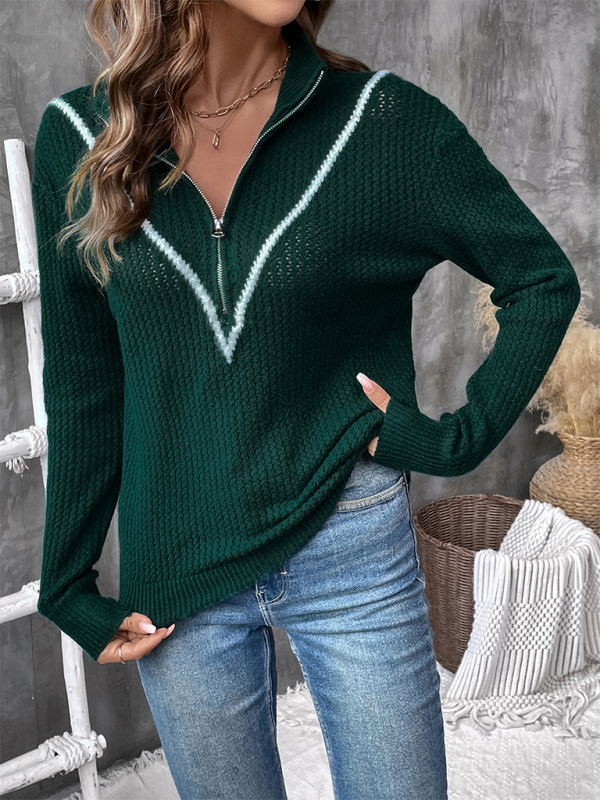 New knitted pullover retro dark green lapel sweater