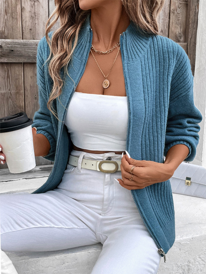 Stand collar solid color cardigan sweater jacket