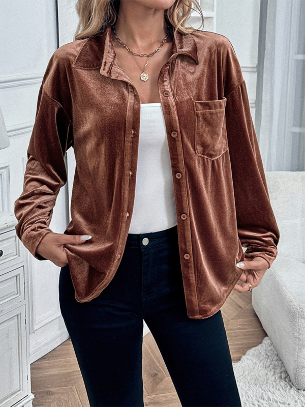 Lapel Long Sleeve Velvet Cardigan Top