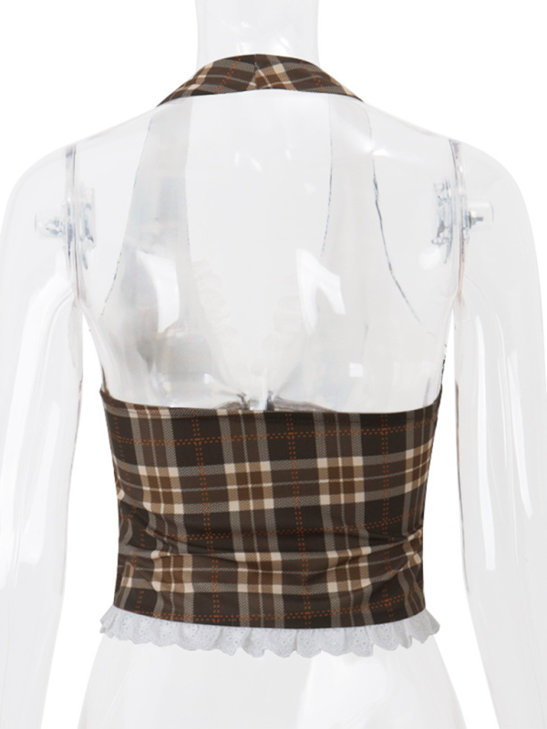 Neue Mode Sexy Französisch Süße Retro Plaid Halter Weste Top 