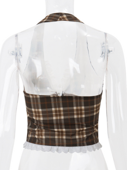 Neue Mode Sexy Französisch Süße Retro Plaid Halter Weste Top 