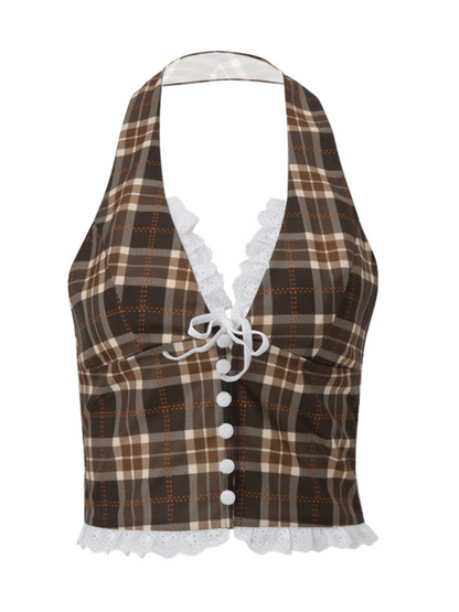 New Fashion Sexy French Sweet Retro Plaid Halter Vest Top