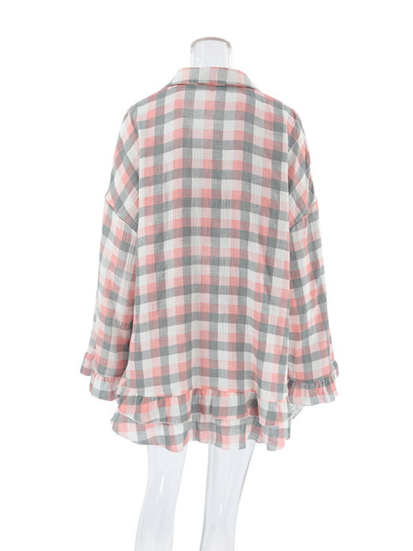 Plaid three-piece suit fashionable ruffled long-sleeved tube top shorts home clothes