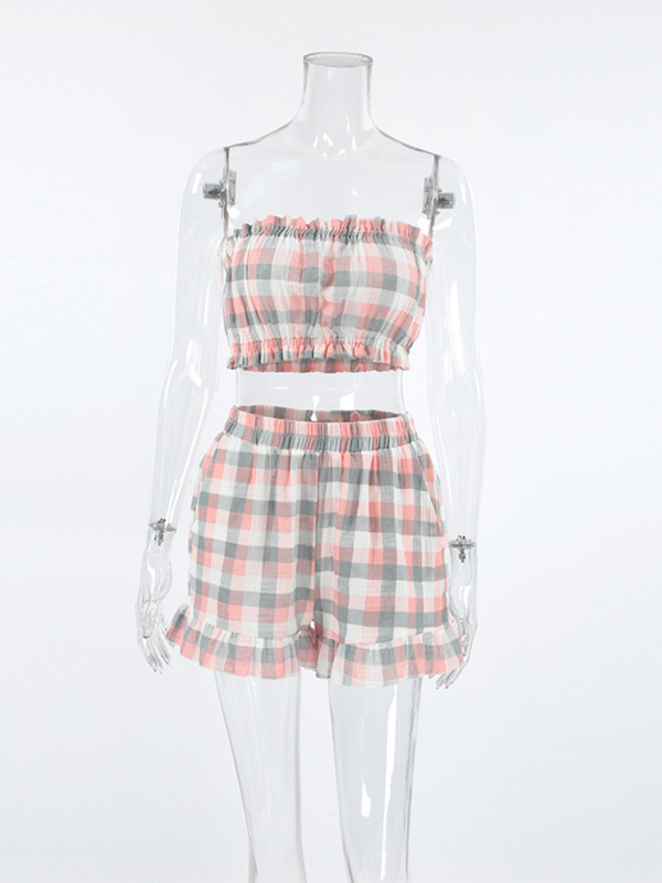 Plaid three-piece suit fashionable ruffled long-sleeved tube top shorts home clothes