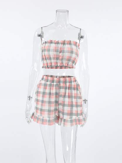 Plaid three-piece suit fashionable ruffled long-sleeved tube top shorts home clothes