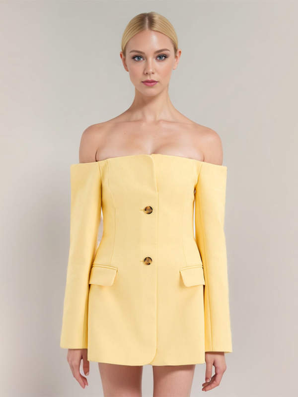 Off-shoulder one-shoulder collar goose yellow suit jacket single-breasted mid-length dress