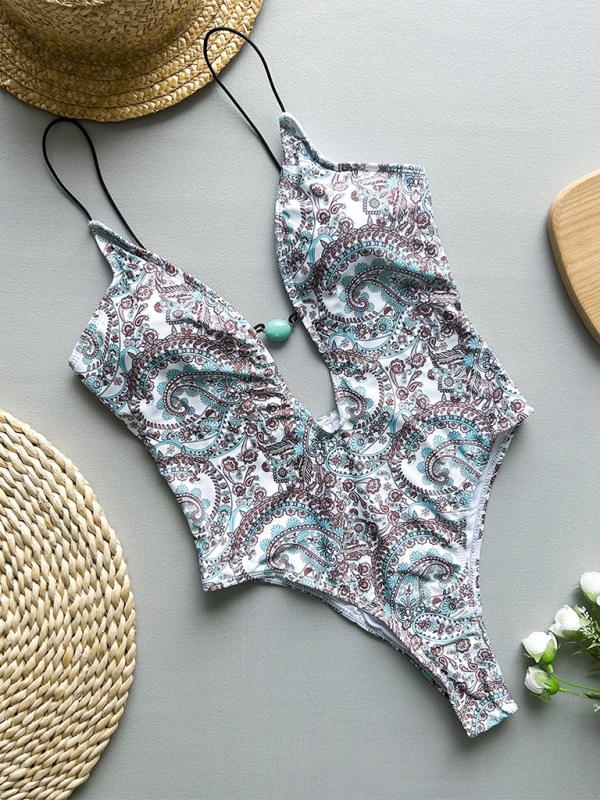 Deep V halter print one-piece swimsuit