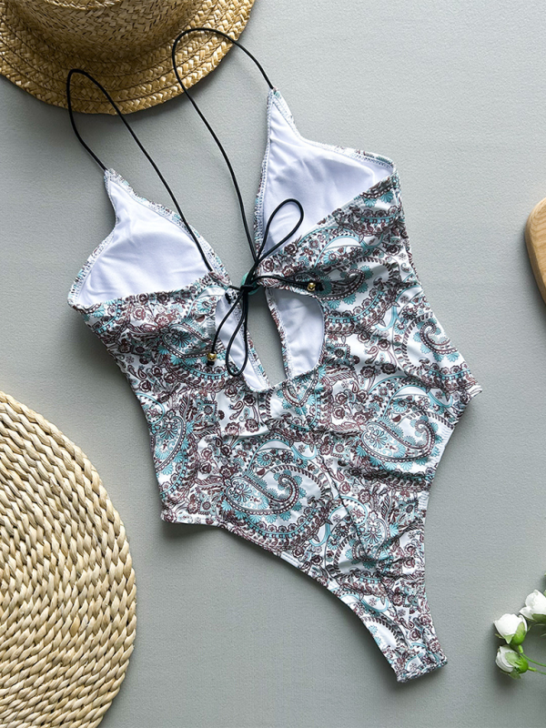 Deep V halter print one-piece swimsuit