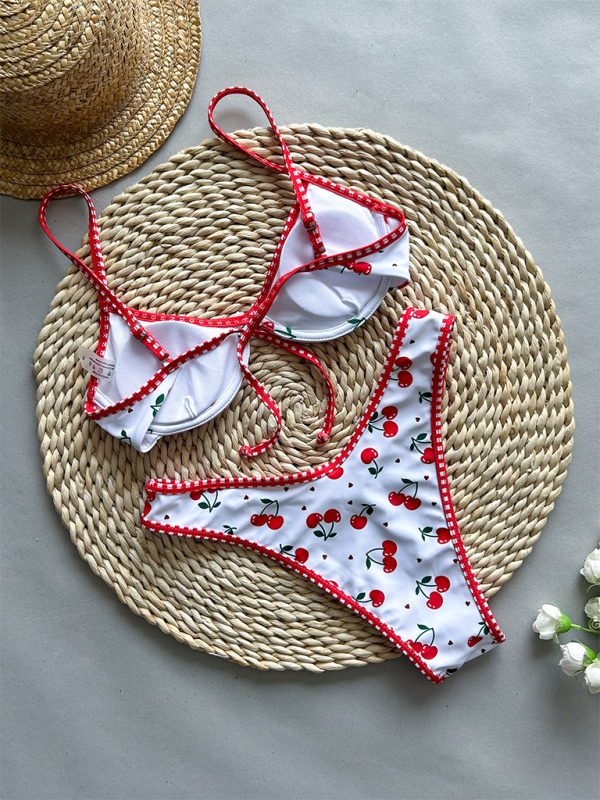 Sexy Gathered Cherry Print Two-Piece Swimsuit for Women