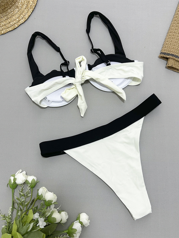 Black and white gathered two-piece swimsuit for women