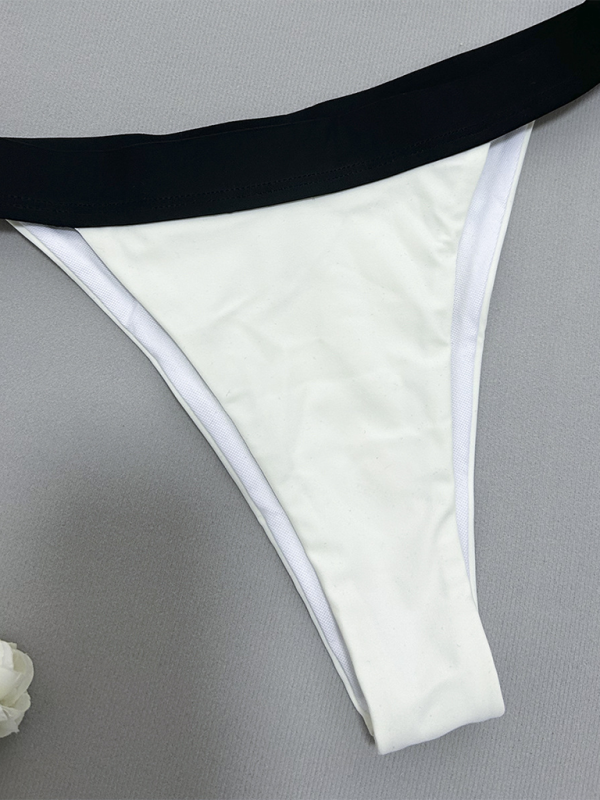 Black and white gathered two-piece swimsuit for women