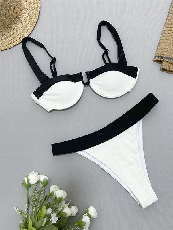 Black and white gathered two-piece swimsuit for women