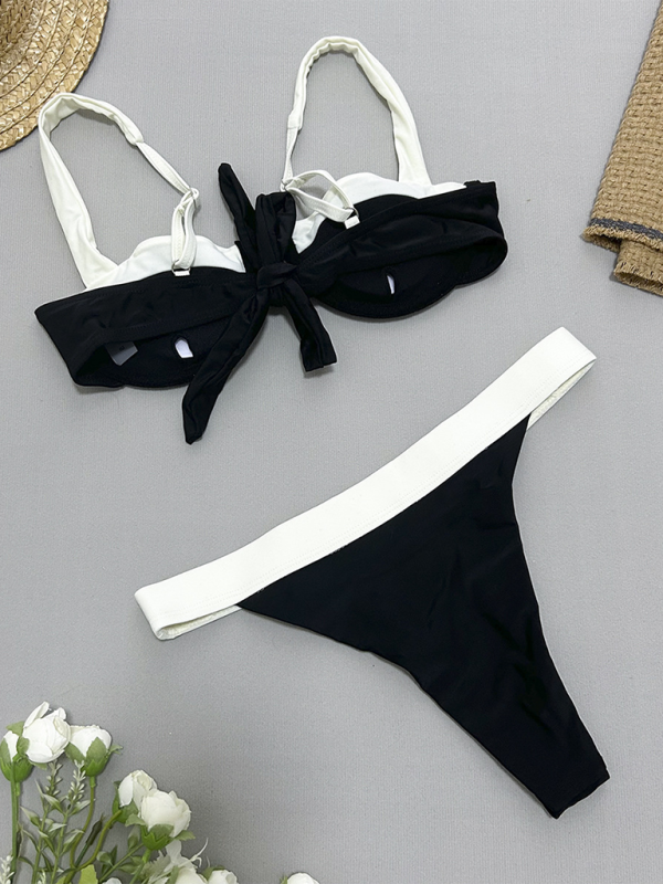 Black and white gathered two-piece swimsuit for women