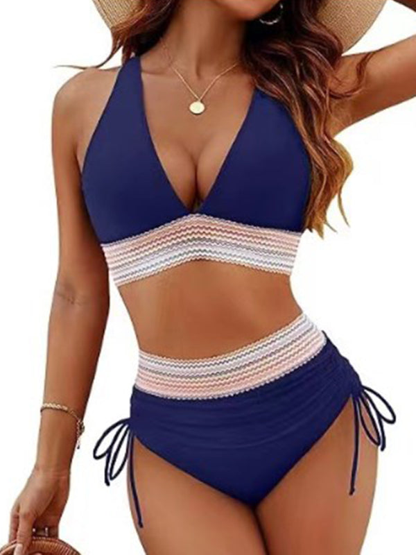 High waist two piece set V neck tie bikini