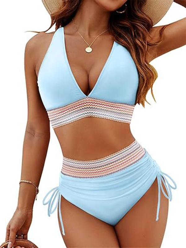 High waist two piece set V neck tie bikini