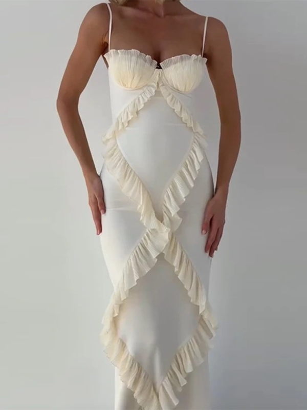 Plissiertes Rüschen-Hosenträgerkleid mit Schlitzen 