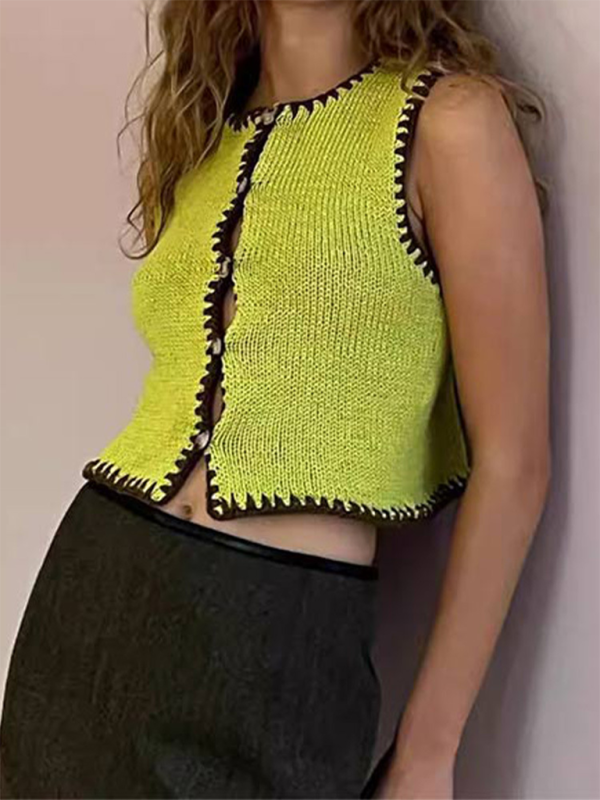 New contrast color round neck button knitted vest