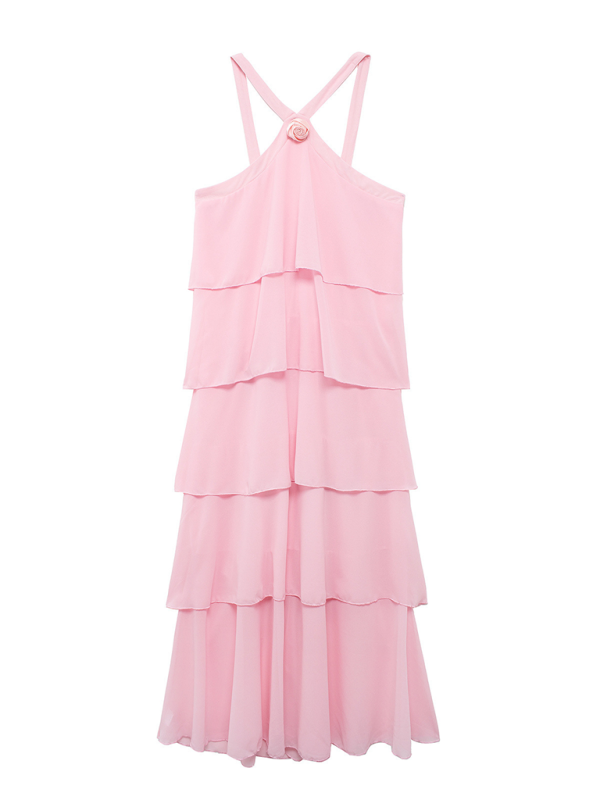 Sweet pink halter neck backless layered cake slim elegant dress